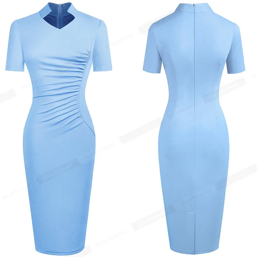 Nice-forever Vintage Elegant Solid with V neckline vestidos Business Party Bodycon Slim Women Work Dress B579