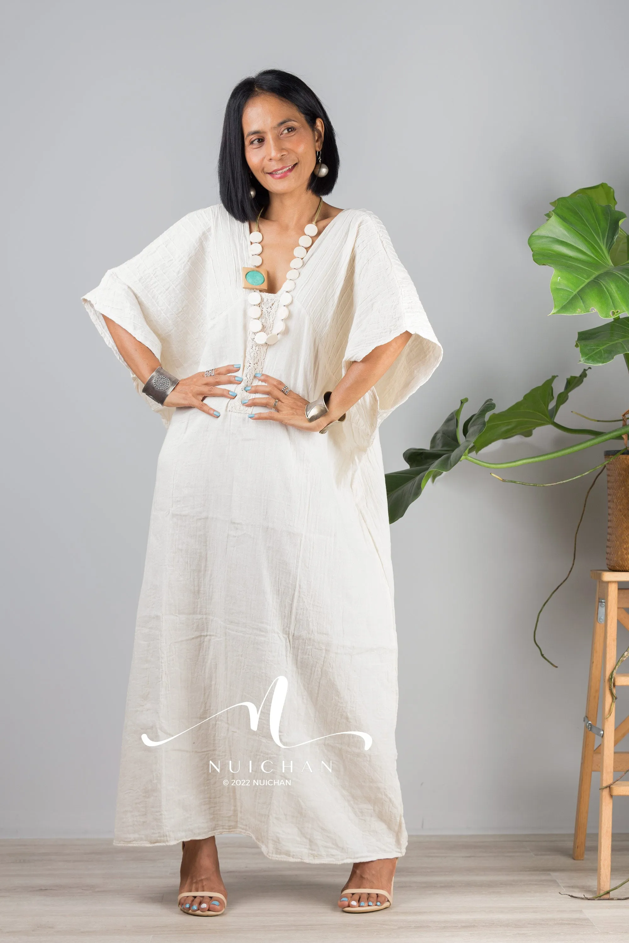 Off white cotton kaftan dress