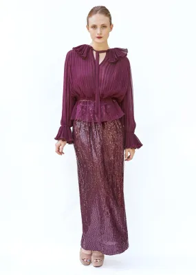 Oscar De La Renta Burgundy Sequin Skirt & Pleated Peplum Blouse Set