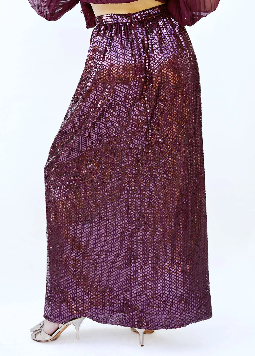 Oscar De La Renta Burgundy Sequin Skirt & Pleated Peplum Blouse Set