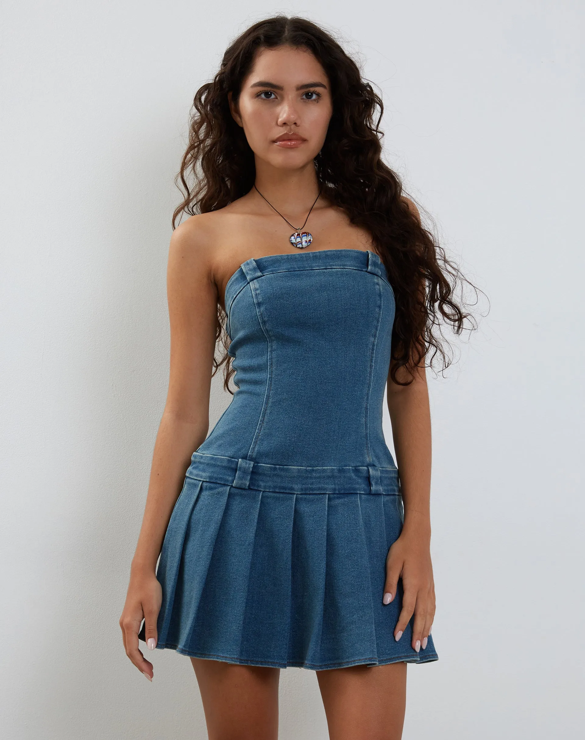 Pajaya Denim Bandeau Mini Dress in Blue Wash