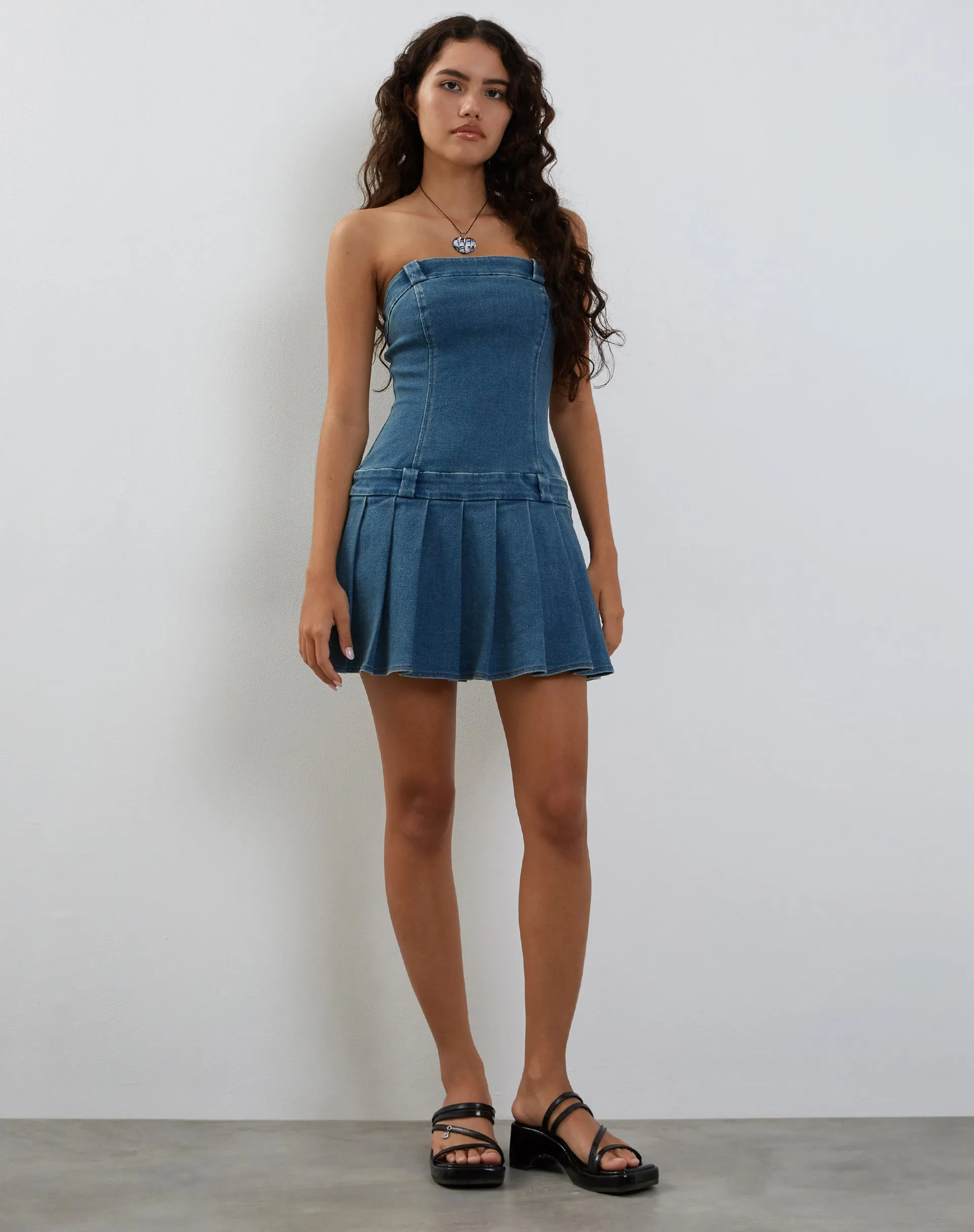 Pajaya Denim Bandeau Mini Dress in Blue Wash