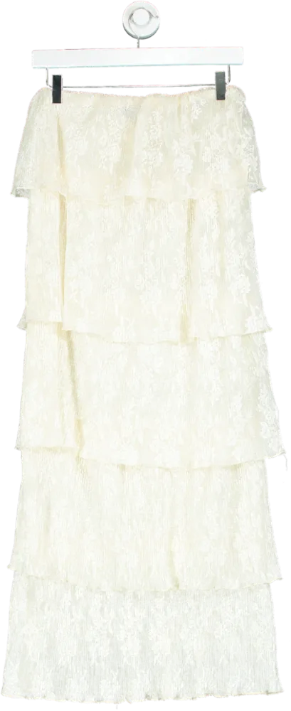 PrettyLittleThing Cream Tiered Lace Maxi Skirt UK 10