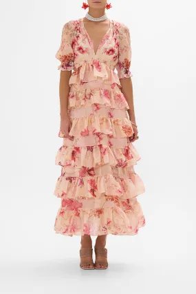 PUFF SLEEVE TIERED SKIRT LONG DRESS BLOSSOMS AND BRUSHSTROKES