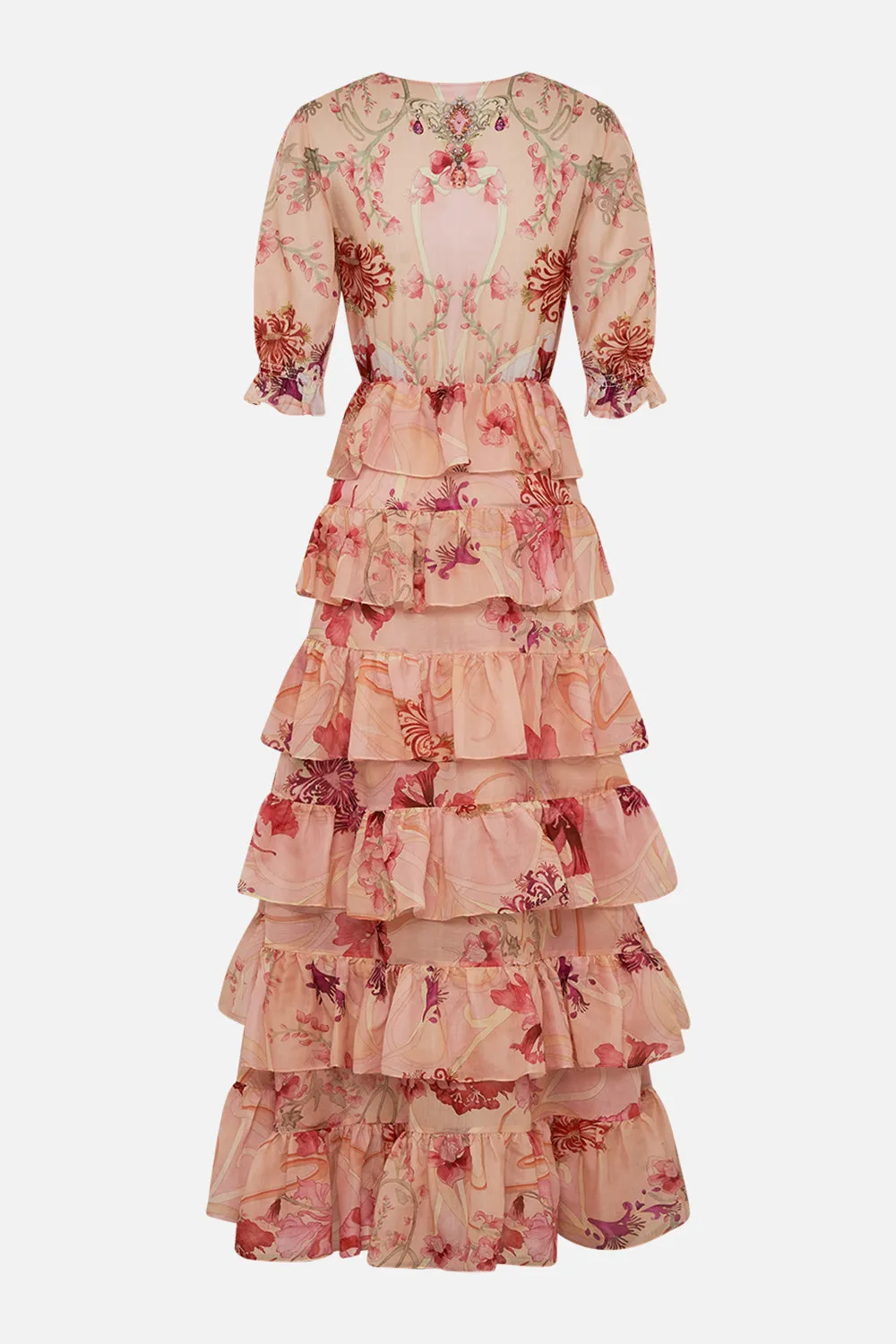 PUFF SLEEVE TIERED SKIRT LONG DRESS BLOSSOMS AND BRUSHSTROKES