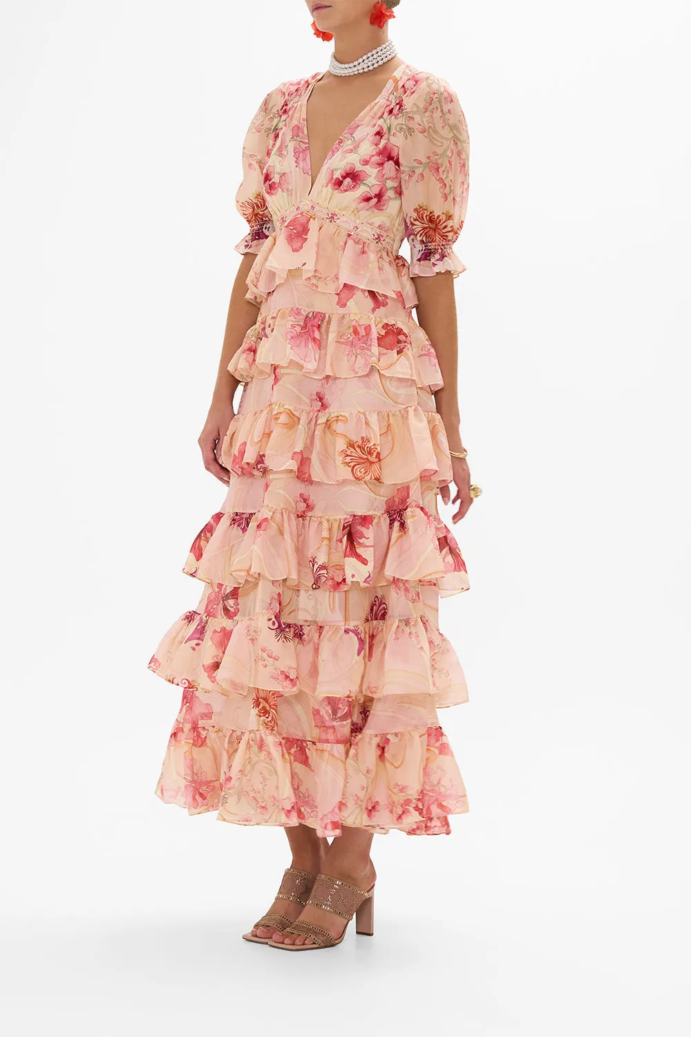 PUFF SLEEVE TIERED SKIRT LONG DRESS BLOSSOMS AND BRUSHSTROKES