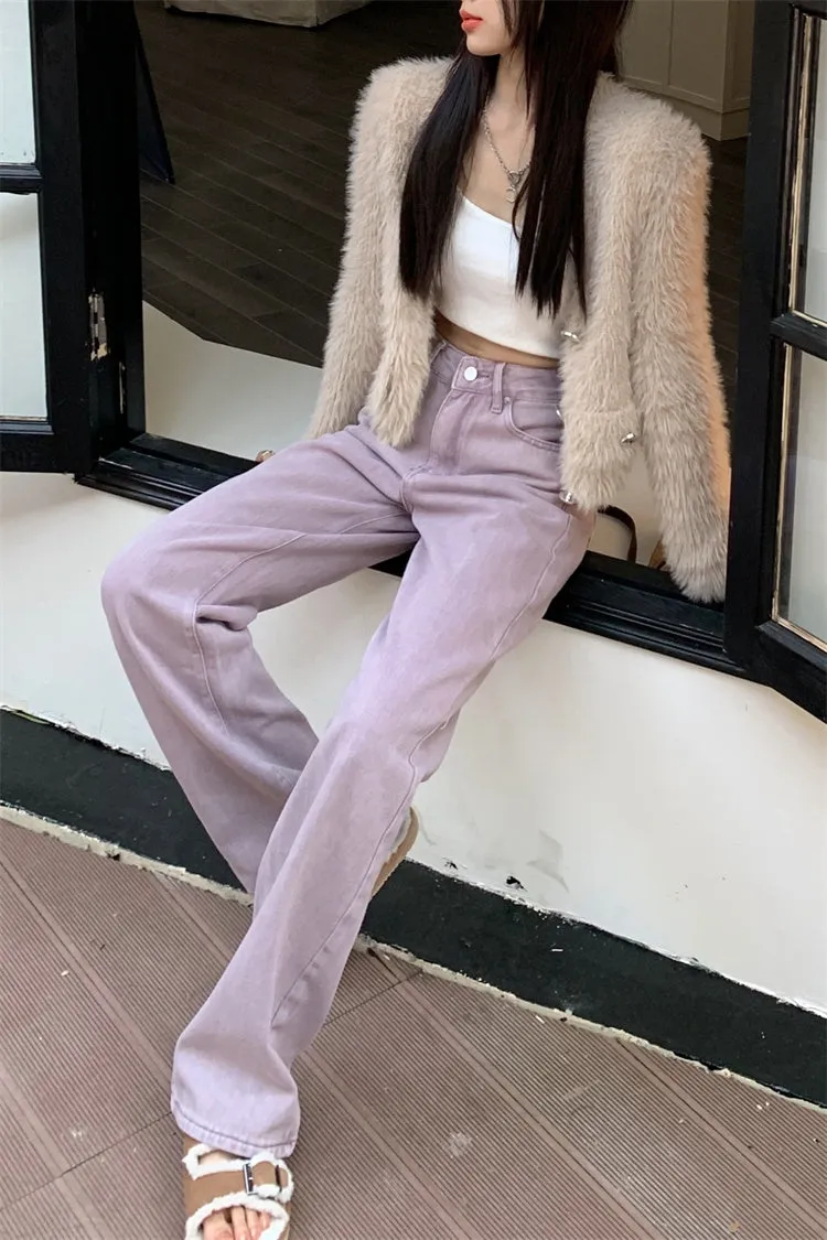 Purple High Waist Wide Straight Loose Legs Pants Denim Jeans