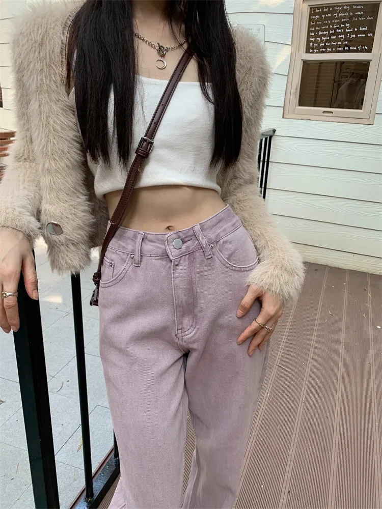 Purple High Waist Wide Straight Loose Legs Pants Denim Jeans