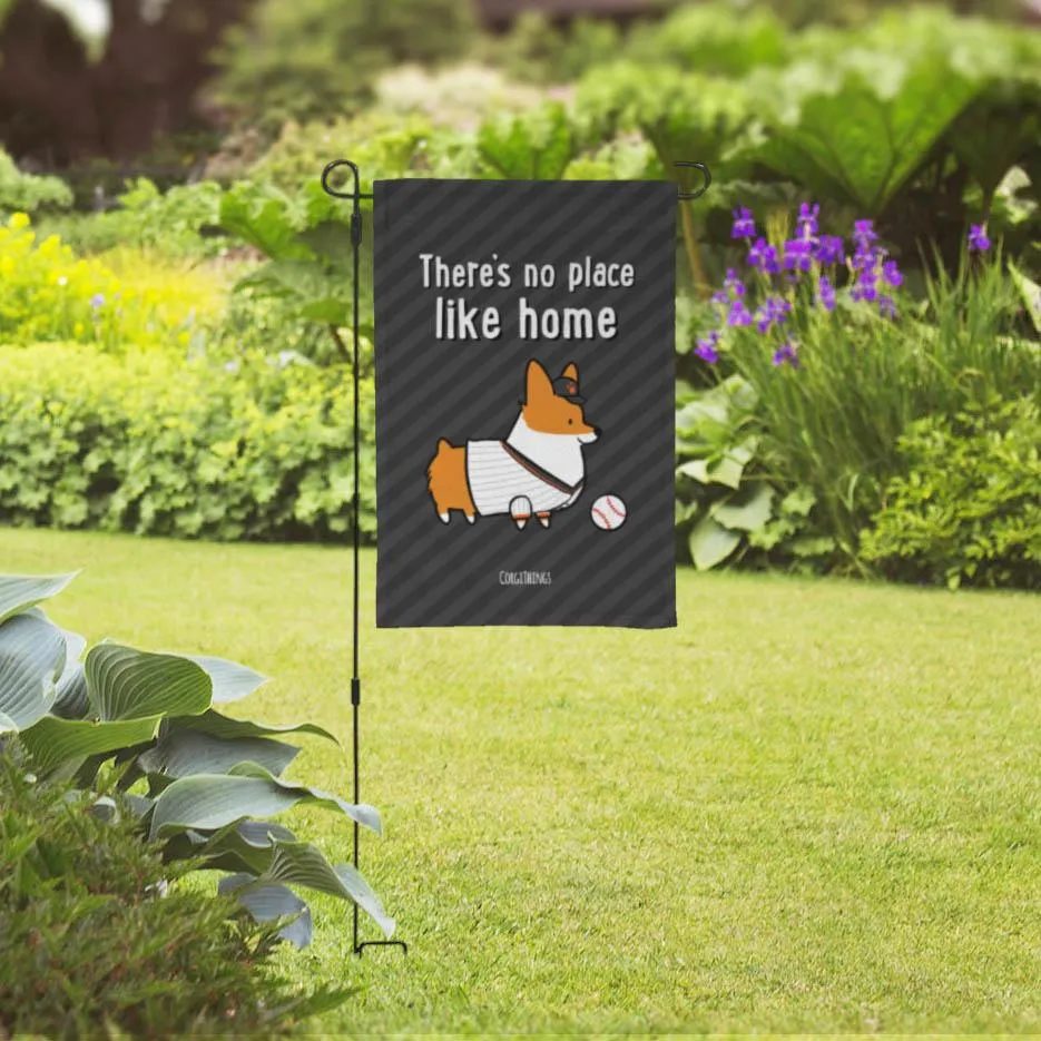 "No Place Like Home" Baseball Corgi Garden Flag | Gray and Orange