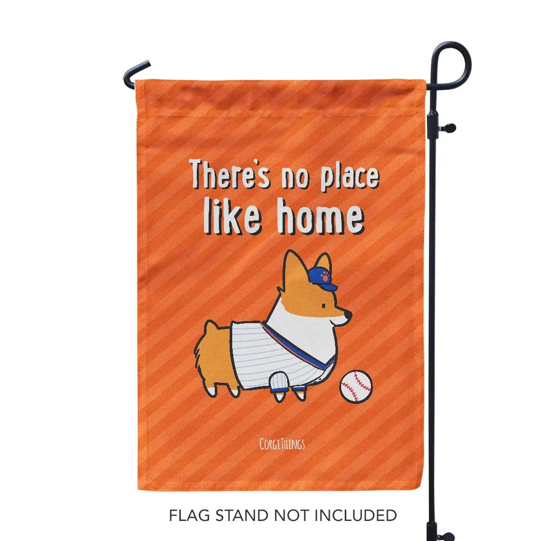 "No Place Like Home" Baseball Corgi Garden Flag | Orange and Blue