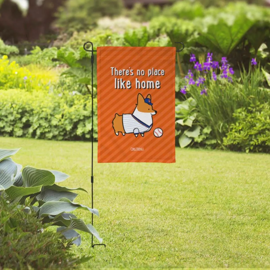 "No Place Like Home" Baseball Corgi Garden Flag | Orange and Blue