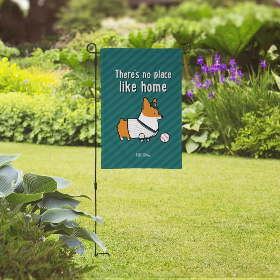 "No Place Like Home" Baseball Corgi Garden Flag | Teal and Gray