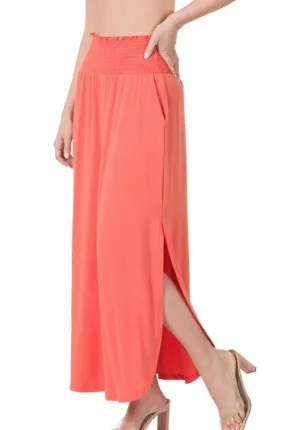 Smocked Waist Side Slit Maxi Skirt with Pockets