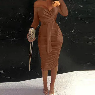 Spring Elegant Off The Shoulder Belted Bodycon Dress