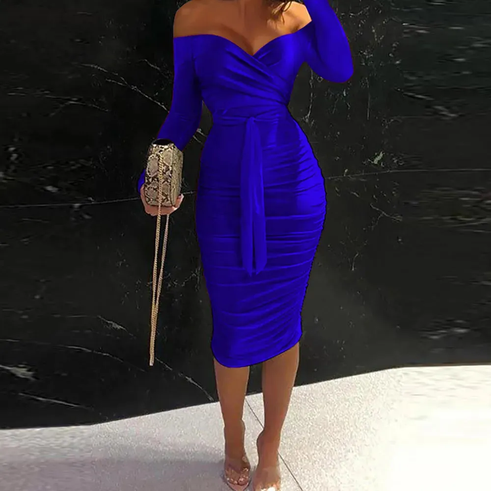 Spring Elegant Off The Shoulder Belted Bodycon Dress