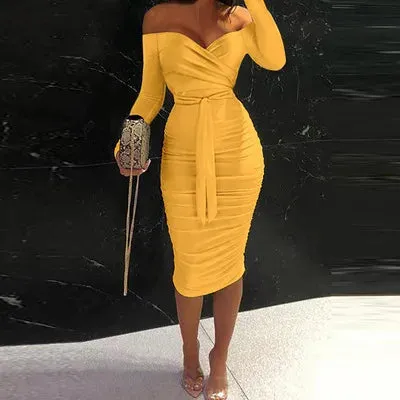 Spring Elegant Off The Shoulder Belted Bodycon Dress