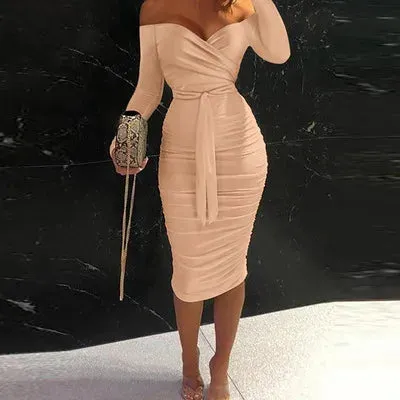 Spring Elegant Off The Shoulder Belted Bodycon Dress