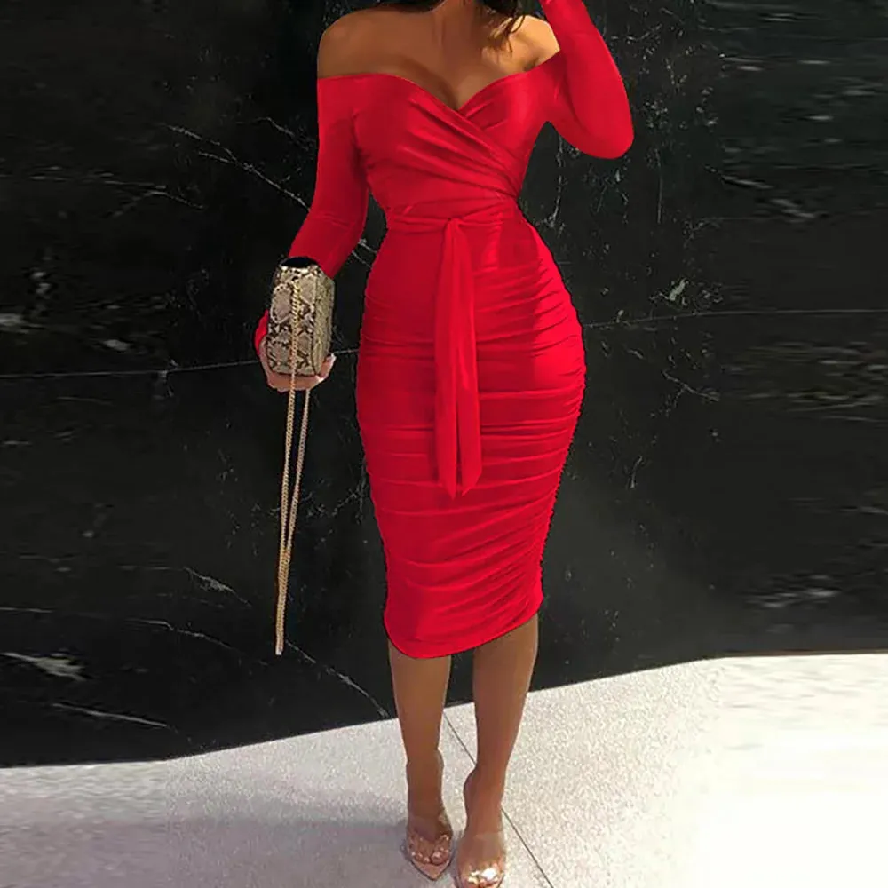 Spring Elegant Off The Shoulder Belted Bodycon Dress