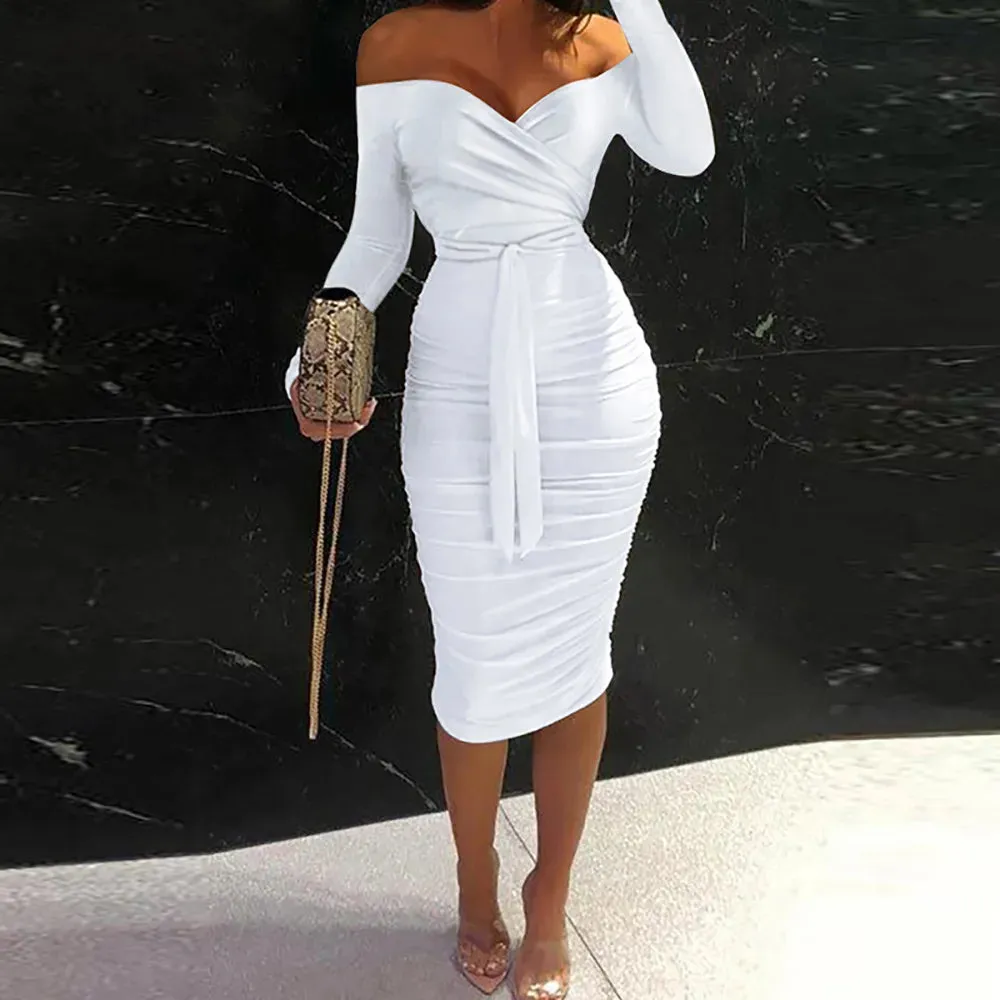 Spring Elegant Off The Shoulder Belted Bodycon Dress