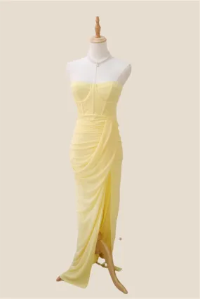 Strapless Light Yellow Ruched Long Dress with Slit