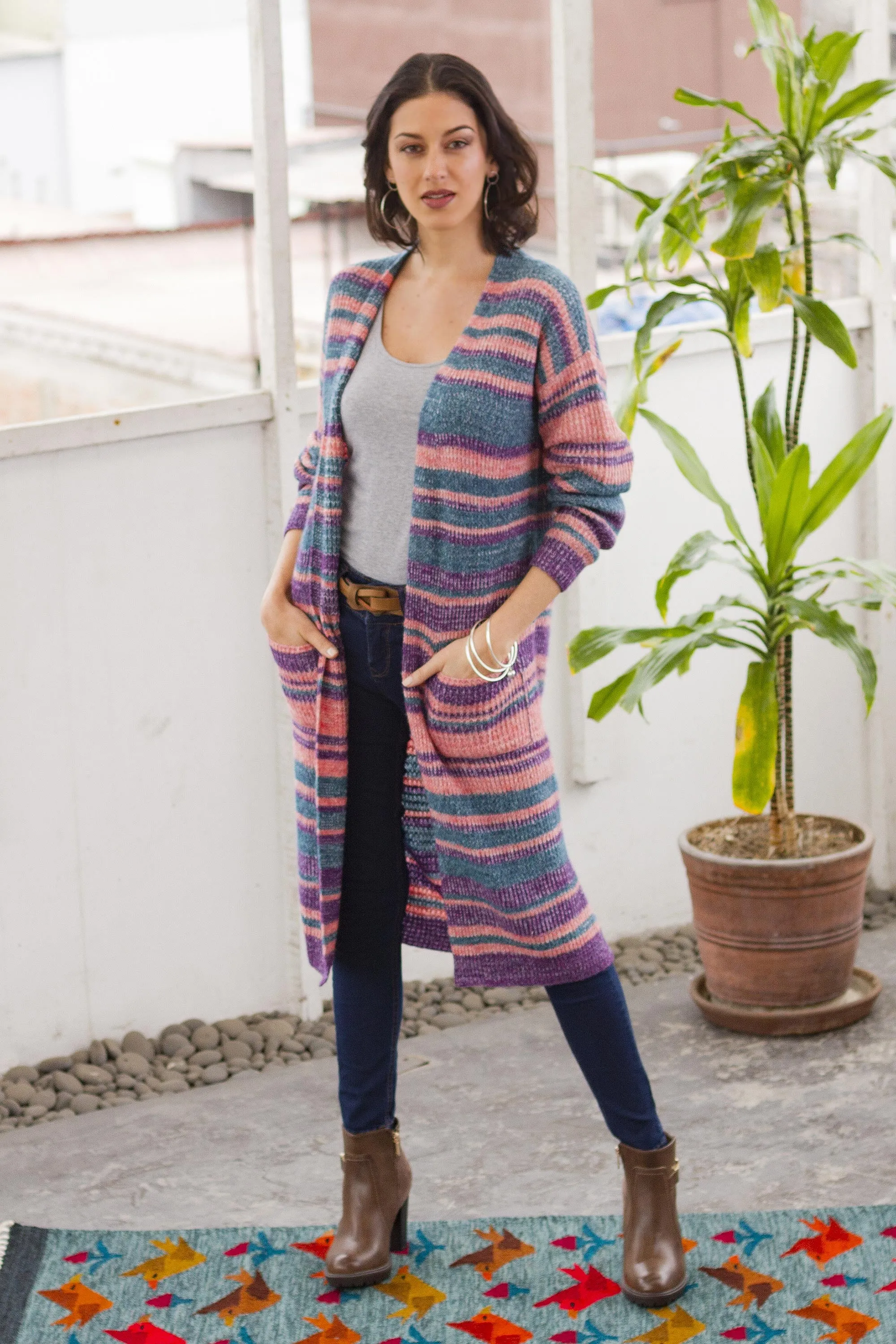 Striped Alpaca Blend Long Sleeve V-Neck Duster Cardigan - Mesa Sunrise | NOVICA