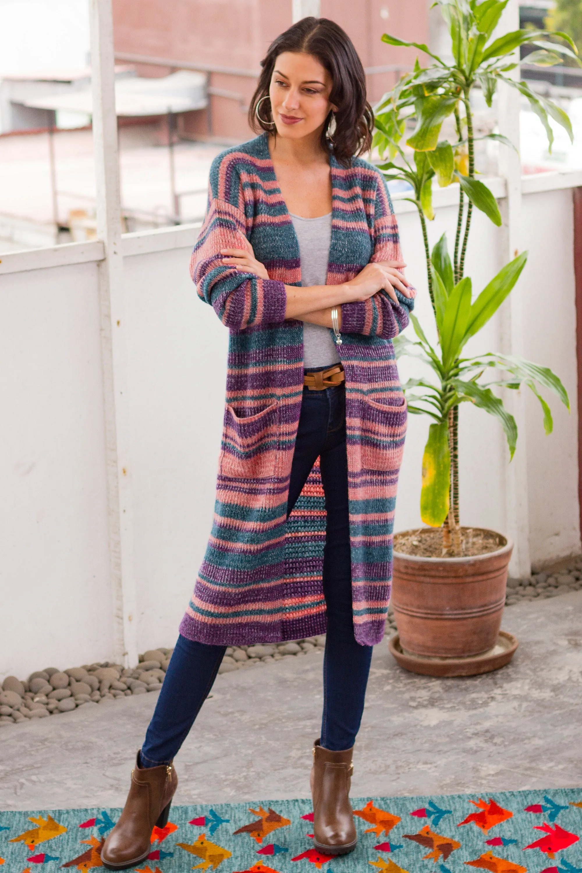 Striped Alpaca Blend Long Sleeve V-Neck Duster Cardigan - Mesa Sunrise | NOVICA