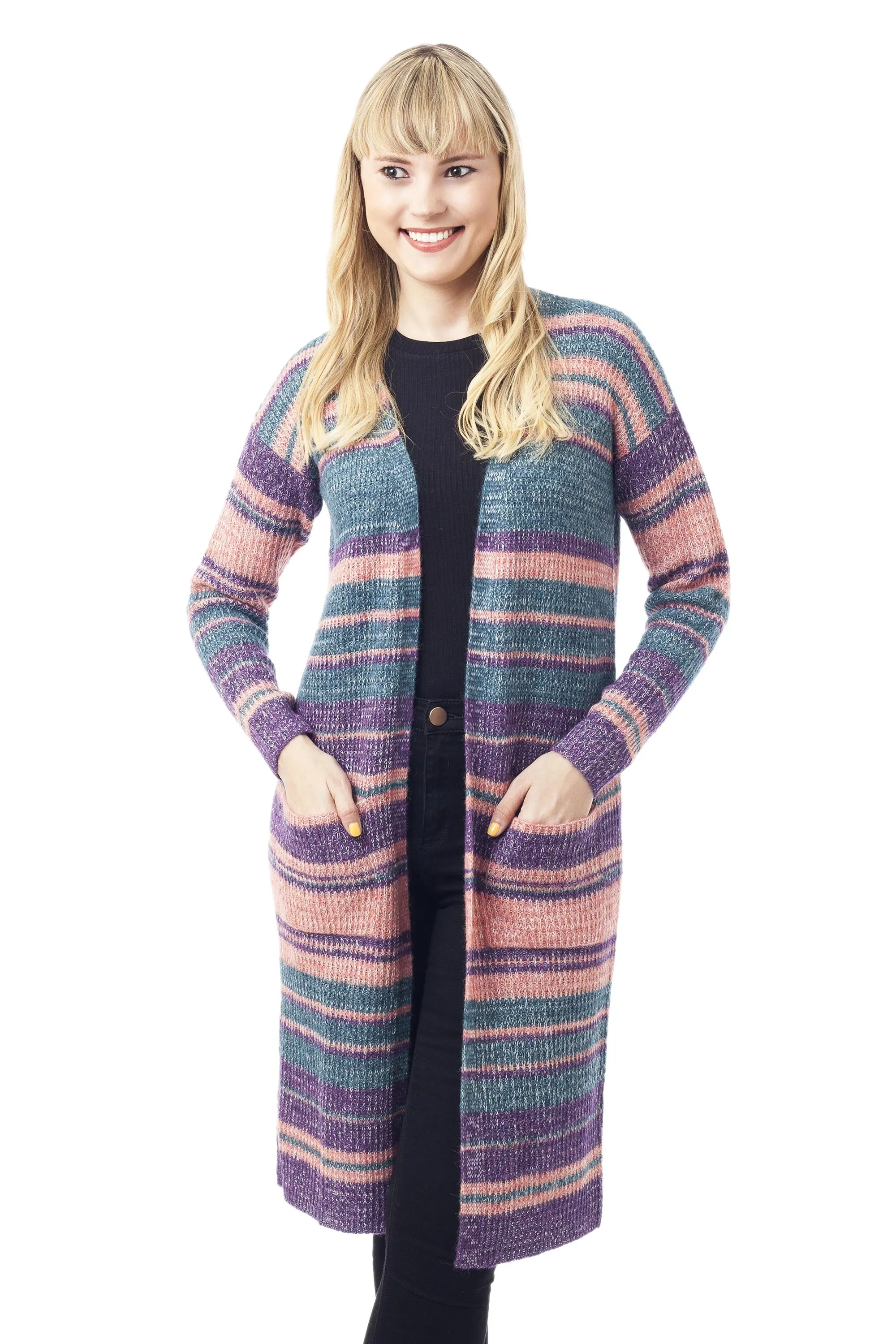 Striped Alpaca Blend Long Sleeve V-Neck Duster Cardigan - Mesa Sunrise | NOVICA