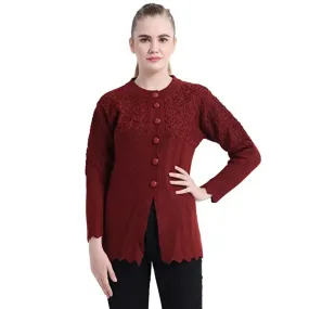 Stylish Maroon Woolen Button Closure Cardigan For Women