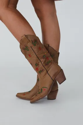 Sunset Saddle Floral Boots - Tan