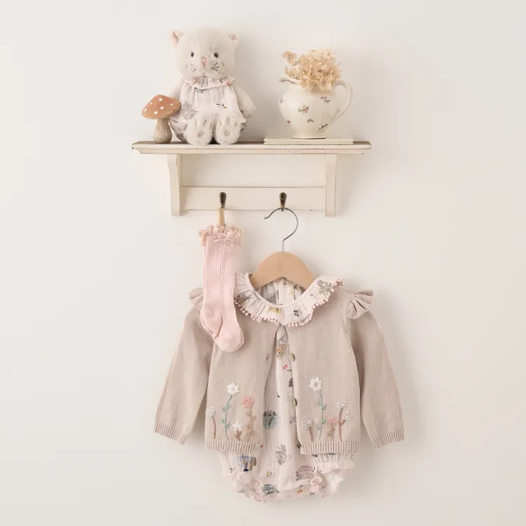 Taupe Flutter Sleeve Hand-Embroidered Baby Cardigan