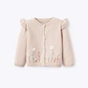 Taupe Flutter Sleeve Hand-Embroidered Baby Cardigan