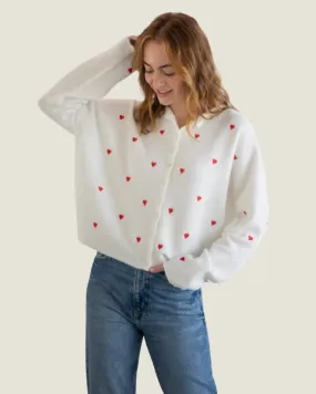 The Piper: White Cardigan with Heart Embroidery