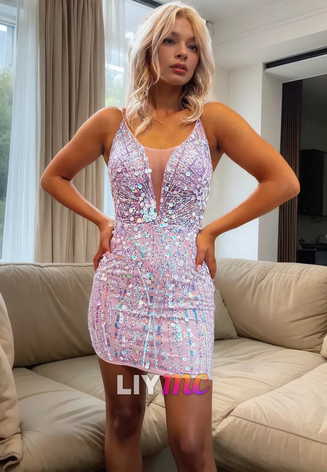 V-Neck Sleeveless Sequins Appliques Bodycon Sparkly Short Homecoming Dress