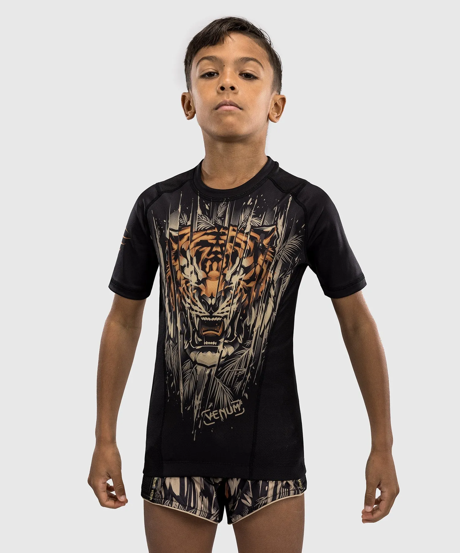 Venum Tiger Kids Short Sleeve Rashguard - Black/Neon Orange