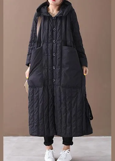 Warm black coat Loose fitting winter jacket hooded Large pockets New winter outwear