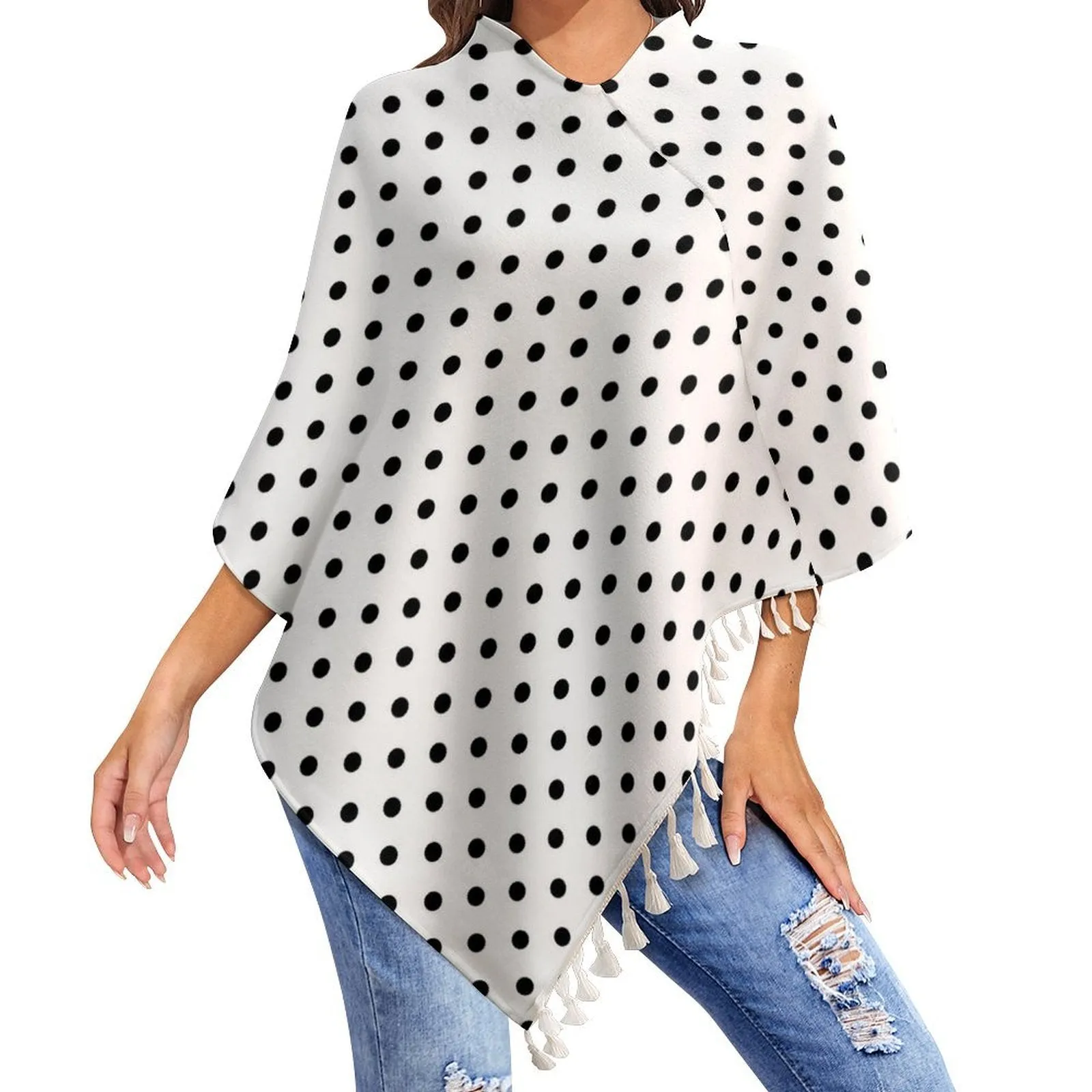 White With Black Polka Dots Tassel Cape