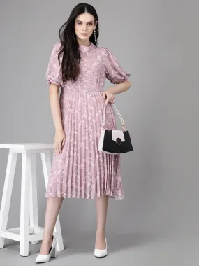 Women Mauve Round Neck Layered Printed Dress