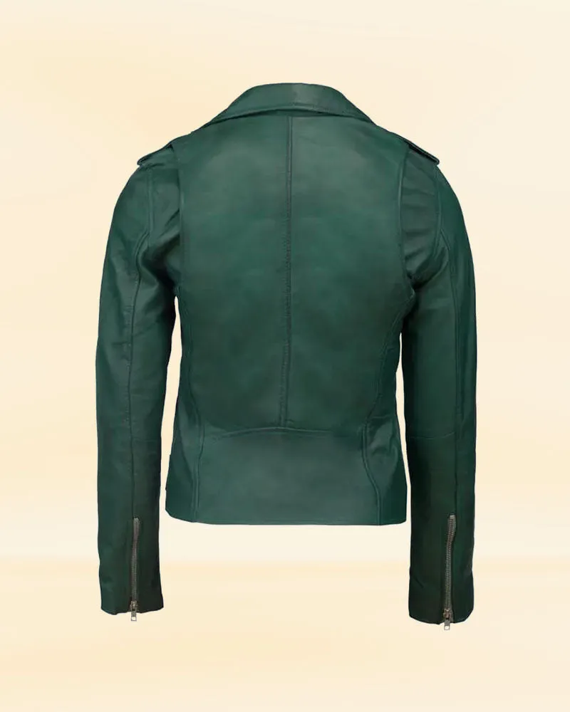 Women's Green Real Leather Jacket with Stylish Belt