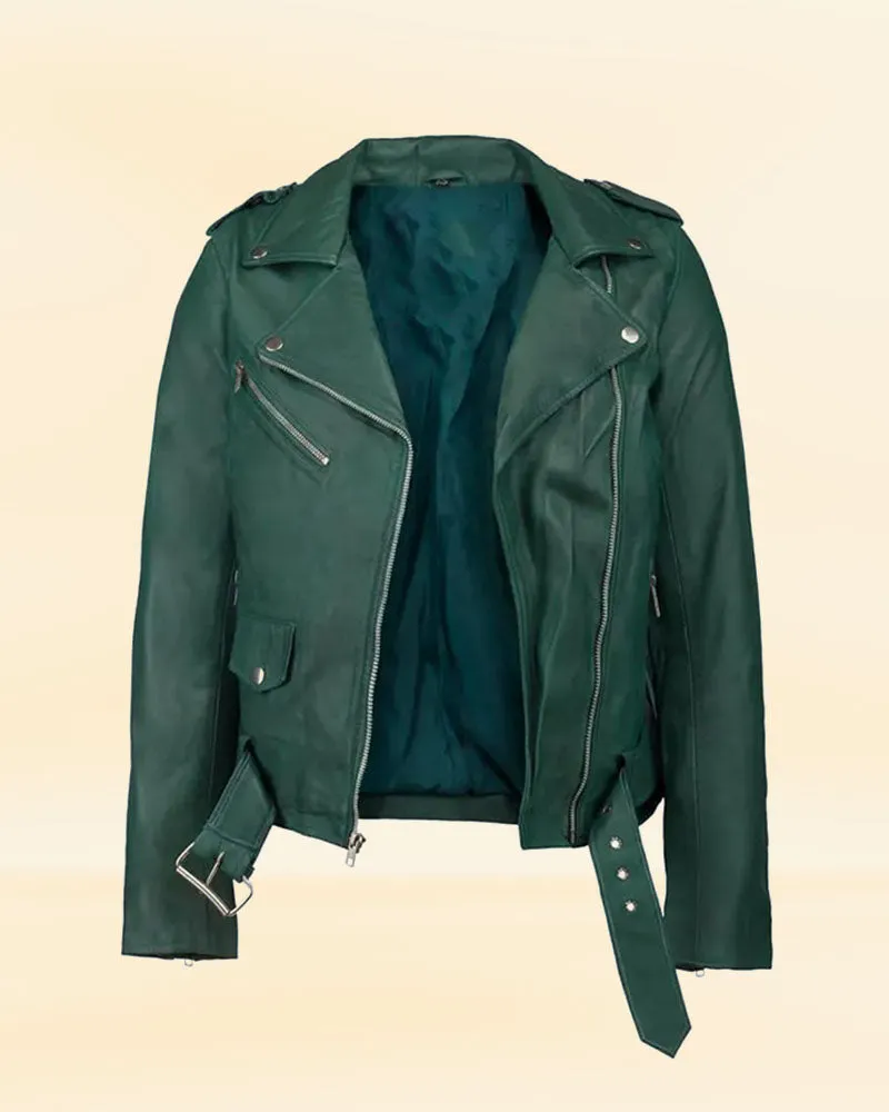 Women's Green Real Leather Jacket with Stylish Belt