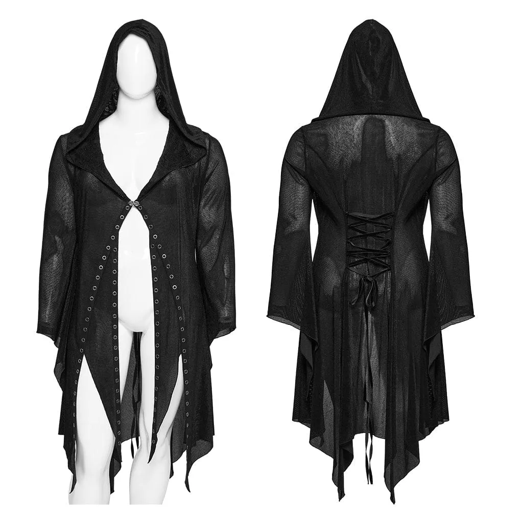 Women's Plus Size Gothic Irregular Eyelet Mesh Cardigan with Hood