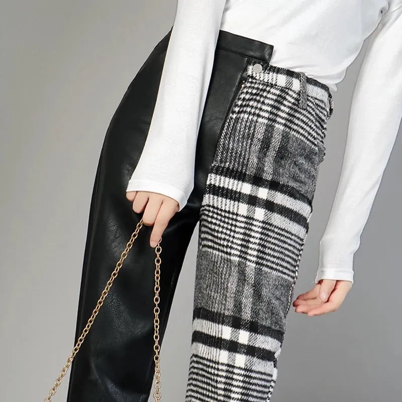 Women's PU Plaid Ankle Pants