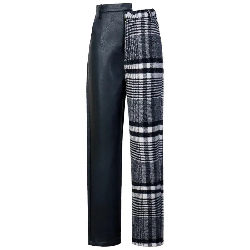 Women's PU Plaid Ankle Pants