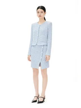 YES BY YESIR elegant simple pastel blue wool fragrance knit skirt cardigan - Sea