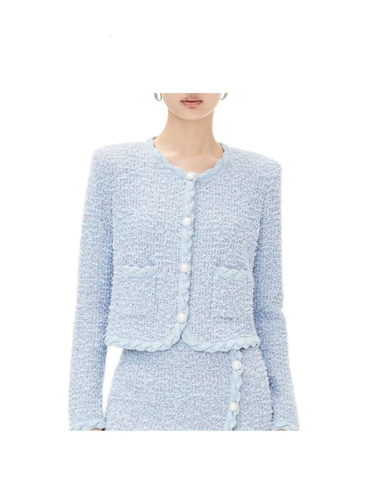 YES BY YESIR elegant simple pastel blue wool fragrance knit skirt cardigan - Sea