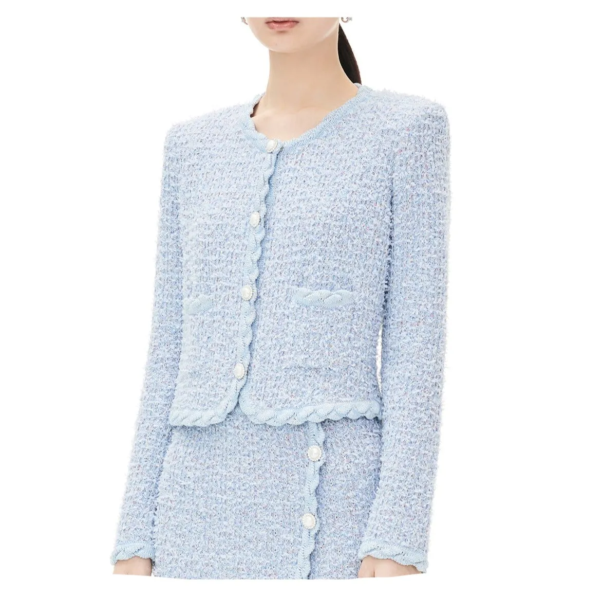 YES BY YESIR elegant simple pastel blue wool fragrance knit skirt cardigan - Sea